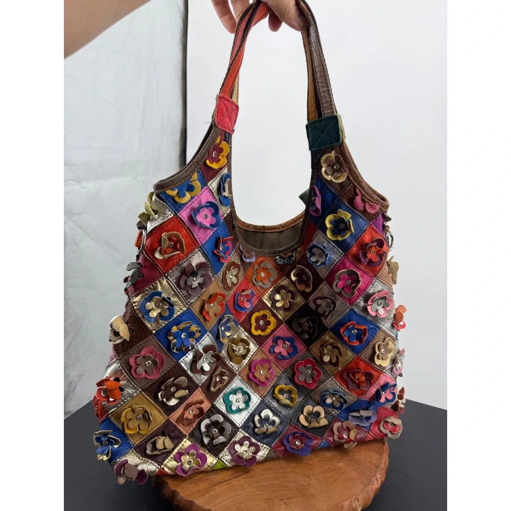 Unbranded Patchwork Floral Leather Hobo Bag Womens Medium Multi Color 3D Flower